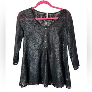 Free People Black Shimmer Sheer Floral Lace Blouse Sz S Romantic Goth Victorian